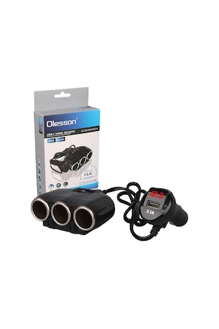 Olesson 1634 12-24v Tek Usb Girişli 120w 80cm Kablolu Dijital Voltaj Ekranlı 3 Lü Araç Çakmak Çoklayıcı