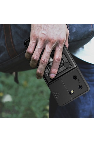 Tecno Pova 5 Kılıf Magnetik Standlı Kamera Korumalı Sürgülü Vega Kapak - Siy Siyah Siyah