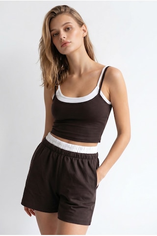 Mixray 2151 Kadın Biye Detaylı Askılı Crop Top Şort Takım Kahve