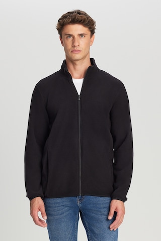 AC&Co / Altınyıldız Classics Erkek Sıyah Anti-pilling Tüylenme Yapmayan Standart Fit Bato Yaka Sweatshirt Polar Ceket Siyah