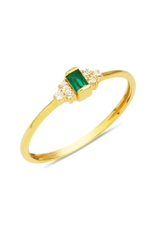 Bilezikci Yeşil Bagetli 14 Ayar Altın Minimal Yüzük Sarı Altın