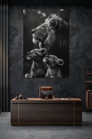 Aslan Ailesi Baskılı Cam Tablo Siyah Beyaz Modern Hayvan Temalı Uv Baskı Duvar Dekoru