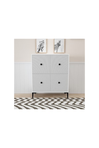 Ece 90 Cm , Lazer Desenli 4kapaklı 4 Raflı Ayakkabılık, Çok Amaçlı Dolap, Banyo Dolabı Beyaz Beyaz