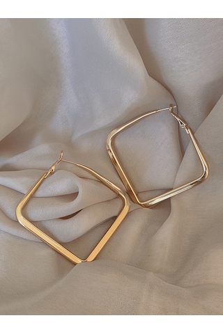 Kare Model Halka Gold Renk Çelik Küpe 5,5cm Altın