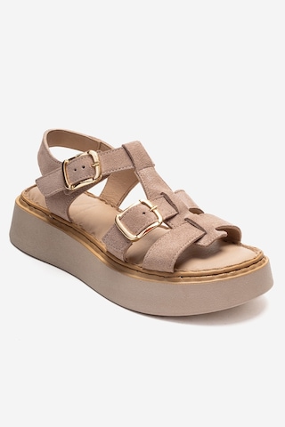 Luvishoes Loın Bej Süet Hakiki Deri Tokalı Kadın Sandalet Bej