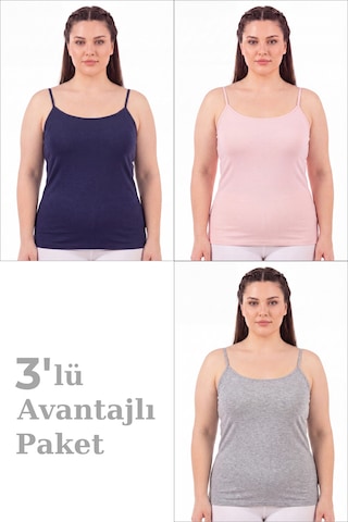 Arma Yıldız Kadın Büyük Beden İp Askılı Atlet Pamuklu Likralı Yumuşak Esnek Kumaş 3'lü Paket Pembe Gri Laci
