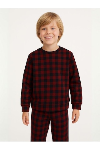 Zekids Erkek Çocuk Kareli Yumuşak Dokulu Pijama Takımı-16049 Bordo
