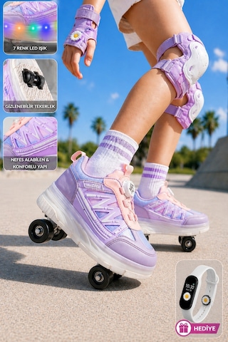 Muggo Skate Çocuk Işıklı Patenli Tekerlekli Sneaker Spor Ayakkabı Lila