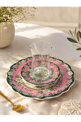 18 Parça 6 Kişilik Venora Pink Pasta Çay Saati Seti-7218 Çok Renkli