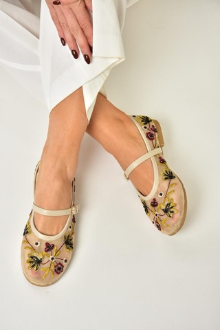 Fox Shoes U267853215 Bej File Çiçek Motifli Kadın Babet Bej-file Bej