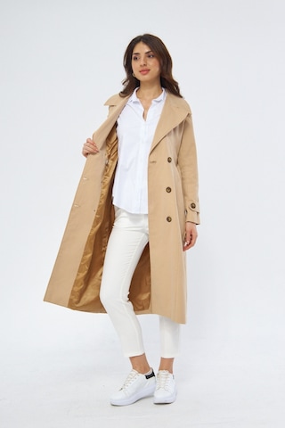 %100 Pamuk Ekstra Uzun 120cm Kruvaze Kadın Trençkot 1121 Açık Bej