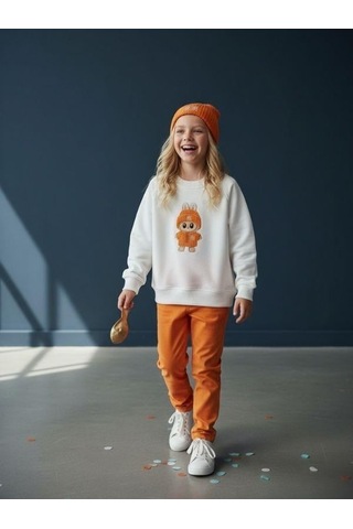 Kız Çocuk Pamuklu Karakter Baskılı Oversize Tasarım Sweatshirt-16454 Beyaz