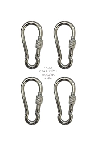 Galvanizli Vidalı Kilitli Karabina, 4 Mm, Askı, Çengel, Kanca, Anahtarlık 4 Adet