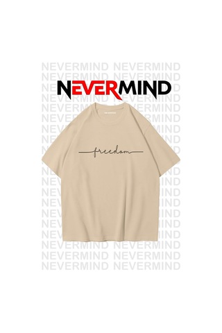 Nevermind Erkek Oversize Freedom Baskılı Erkek Tişört Yazlık Rahat Pamu Bej