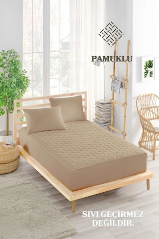 Sessiz Alez Kahve Yatak Koruyucu Pamuklu Kapitoneli Fitted Çift Kişilik