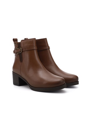 Gönderi R Taba Floter Fermuarlı Kalın Topuklu Hakiki Deri Bot Taba Floter