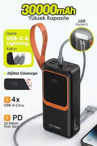 7go Gpw-08 30000mah Pd22.5w Hızlı Şarj Powerbank 4 Usb Çıkışlı, Dahili Type-c & Lightning Kablolu, Siyah