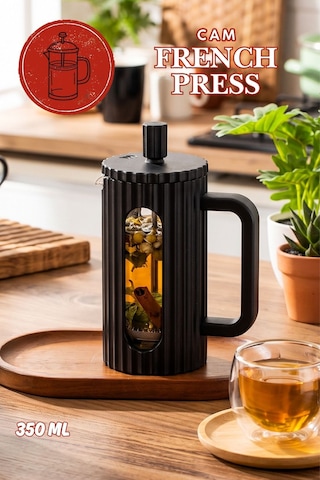 Porsima Smartpan Bv093 French Press Paslanmaz Çelik Süzgeçli Cam Bitki Çayı Demliği Kahve Presi - 350 Ml Siyah