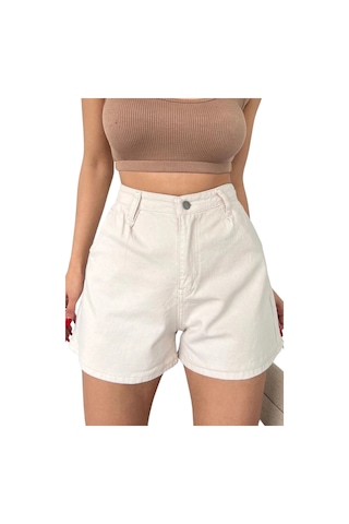 Mini Denim Şort Cepli -krem
