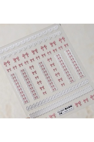 Flybuy 1 Adet 5d Kabartma Kawaii Dantel Nail Art Etiketler Pembe Yay Kalp Ts-3593