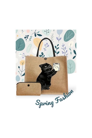 Organıcyou Baodıng Vintage Kedi Baskılı Tote Çanta Seti Mini Bozuk Para Cüzdanı İle Açık Kahverengi Keten Rengi 1 Şirin Kedi