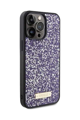 Apple Uyumlu iPhone 15 Pro Max Kılıf Guess Lisanslı Taşlı Arka Yüzey Metal Yazı Logolu Kapak Siyah