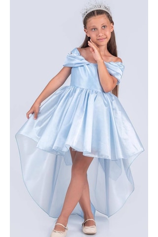 Prenses Modeli Arkası Uzun Abiye Elbise Kız Çocuk İçin Özel Gün Ve Doğum Günü Elbisesi Mavi
