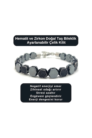 Sertifikalı Hematit Ve Zirkon Taşı Doğal Taş Bileklik Ayarlanabilir Çelik Kilit Çok Renkli