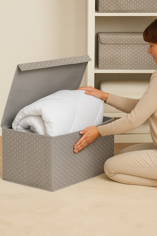 Serstil Mega Boy Kapaklı Sert Karton Gri Puantiyeli Hurç Organizer Xxl 70x40x30 Cm Gri Benekli