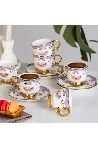 Porsima Ist-169 Yaldızlı Desenli Porselen Fincan Takımı Lila