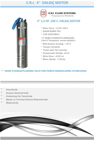 C.r.ı 1 Hp Monofaze 220v Dalgıç Motor