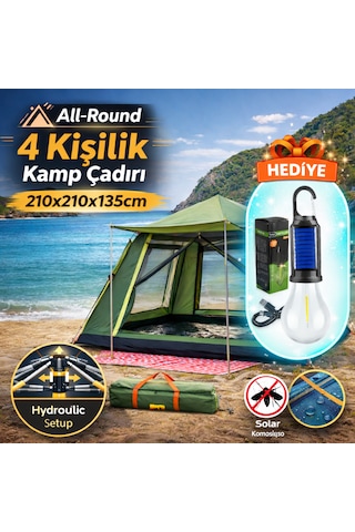 4 Kişilik Otomatik Kamp Çadırı 210x210x135 Cm Su Geçirmez Tenteli Çadır + Kamp Lambası Koyu Yeşil