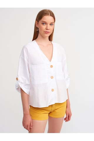 Dilvin 50302 Oversize Apoletli Gömlek-beyaz Beyaz