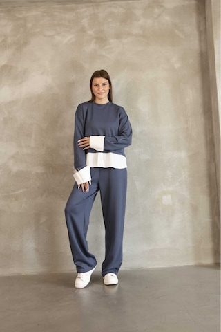 Evoa Kadın Mavi Oversize Gömlek Ve Biye Detaylı İkili Takım İndigo