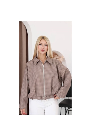 Moda Banuş Ekose Pile Detay Bomber Mevsimlik Ceket-oversıze Kahverengi