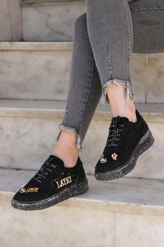 Astra Taşlı Desenli Şeffaf Taban Siyah Renkli Kadın Sneaker-siyah Siyah