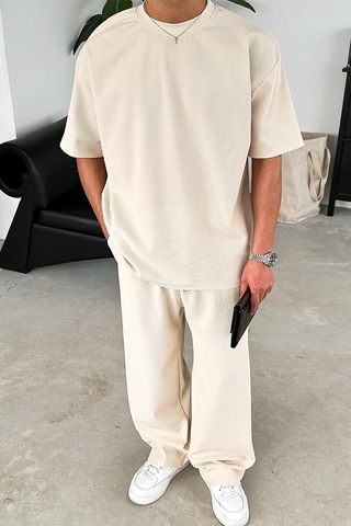Bej İnce Fitilli Oversize Tişört Bej