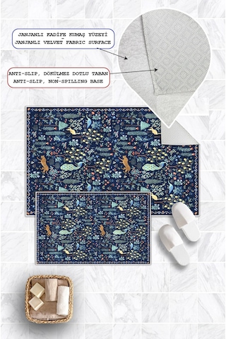 Modern Desenli Baskılı Kaymaz Taban 2li Set Banyo Paspası Klozet Takımı 50x60cm-60x100cm lacivert