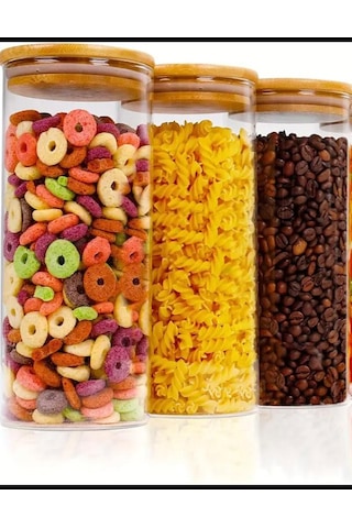 3 Adet 1300 Ml Bambu Kapaklı Yuvarlak Bakliyat Seti Kavanozu