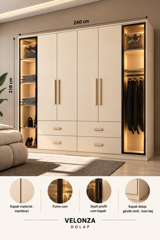 Free Home Velonza Kum Beji Mdf Gardırop Elbise Dolabı 240x218x57 Kumbeji