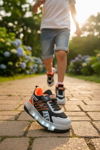 Enoch Çocuk Patenli Işıklı Tekerlekli Spor Ayakkabı & Rahat Cırt Cırtlı Kaykay Ayakkabı 4 Tekerli Sneaker Siyah - Turuncu
