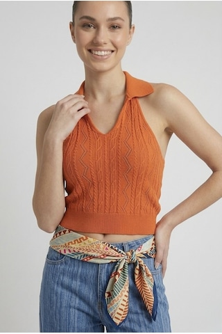 Neden Tekstil Kadın Polo Yaka Sırt Dekolteli Crop Bluz - Turuncu