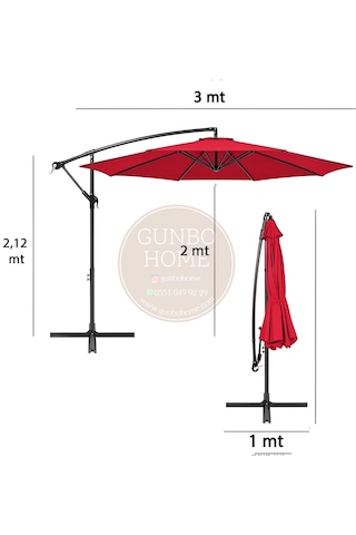 Gunbo Home 3 Mt 8 Kaburga Full Demir 21 Kg Kırmızı Bahçe Şemsiyes