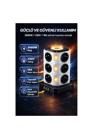 12 Li Kule Tipi Çoklu Priz 3 Usb 1 Type-c Gece Lambalı 3680w Bağımsız Anahtarlı 1 - 3 M