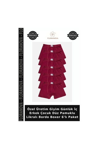 Floranova Özel Üretim Giyim Günlük İç Erkek Çocuk Düz Pamuklu Likralı Bordo Boxer 6'lı Paket