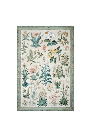Garden 818 Bej Yeşil Botanik Çiçekli Halı Yıkanabilir İnce Dokuma Taban Salon Oturma Odası Halısı Bej Yeşil F