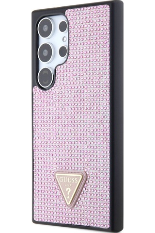 Galaxy S24 Ultra Uyumlu Kılıf Guess Lisanslı Taşlı Arka Yüzey Üçgen Logolu Kapak Pembe