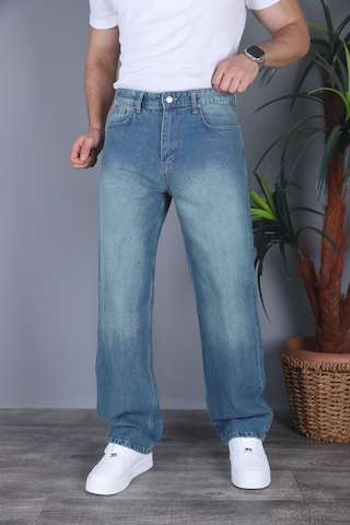 Felvıno Erkek Yıkamalı Baggy Bol Kesim Kot Pantolon Orta Mavi