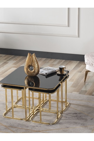 Pelikan 4+1 Siyah Aynalı Temperli Cam Gold Metal Ayak Takım Sehpa Sedaş Living Units Sehpa