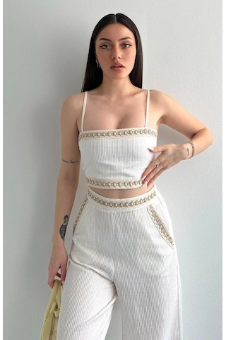 Çizgi Dokulu Dantel Şeritli Cepli Beli Lastikli Pantolon Sırt Lastikli Spor Büstiyer Keten Takım Bej